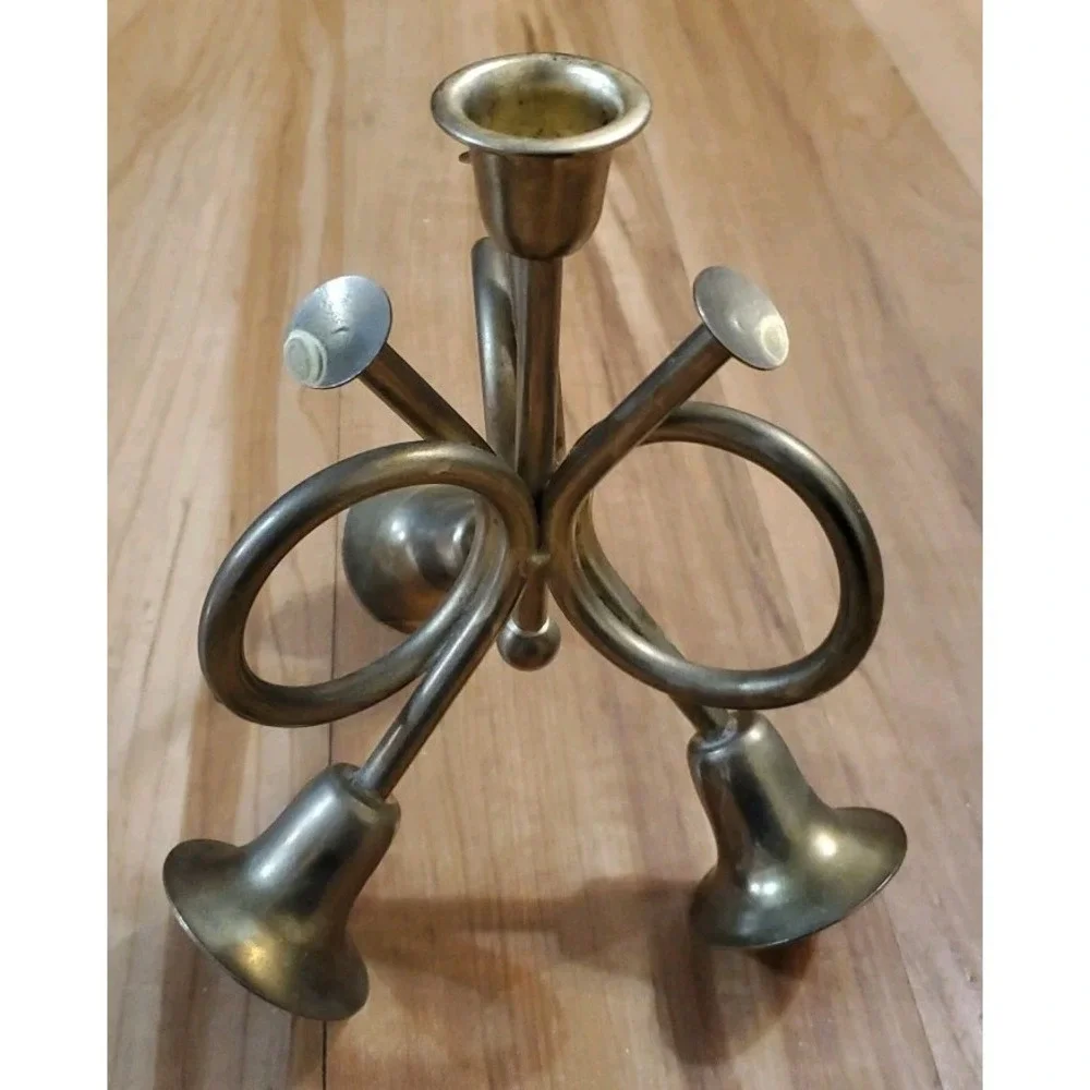 Tripple French Horn Brass‎ Taper Candle Holder Thanksgiving Christmas Holiday